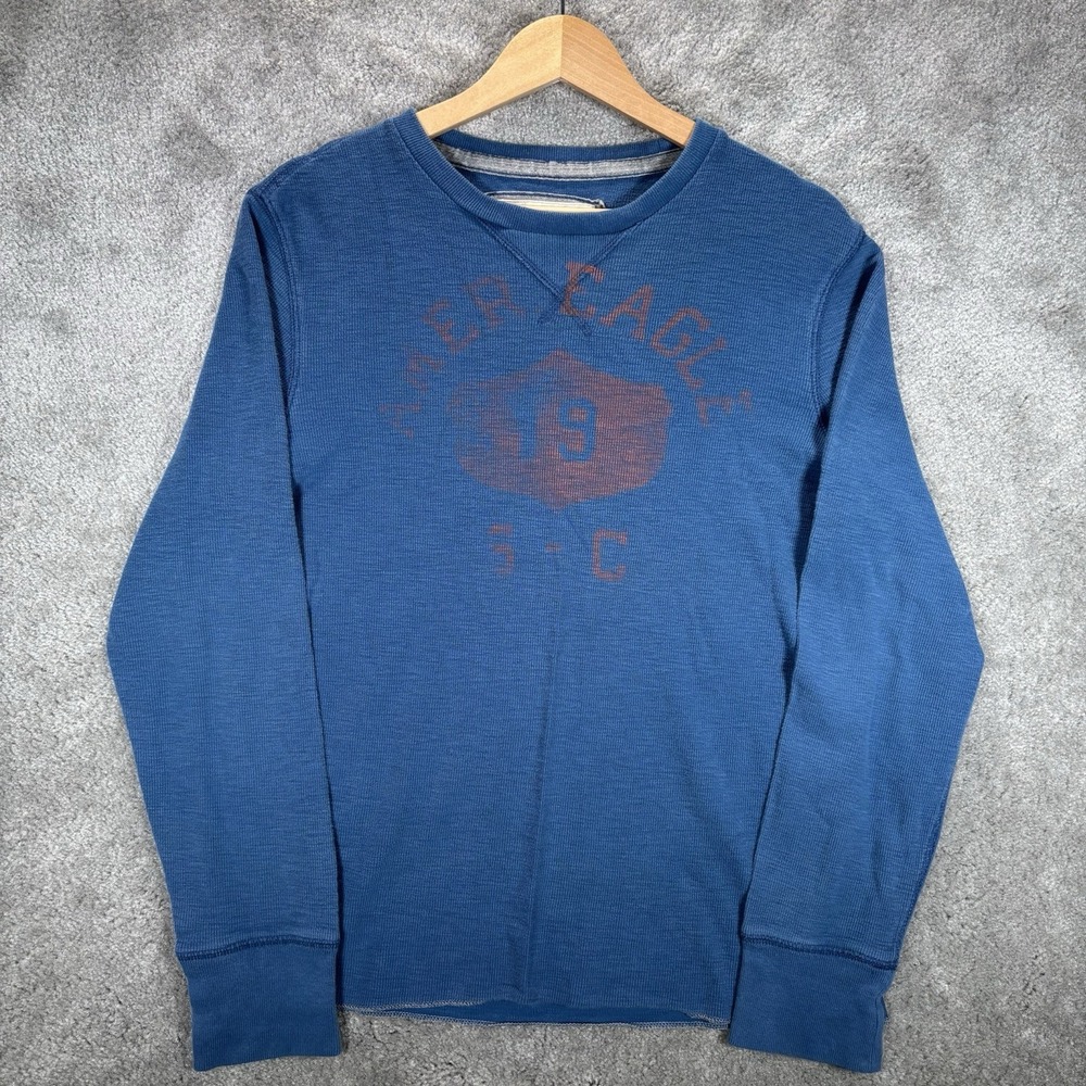 Vintage American Eagle Shirt Mens M Blue Waffle Knit Thermal Graphic Y2K